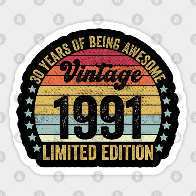 30th Birthday, 30 Year Old Gifts Vintage 1991 Limited Edition Sticker by DragonTees